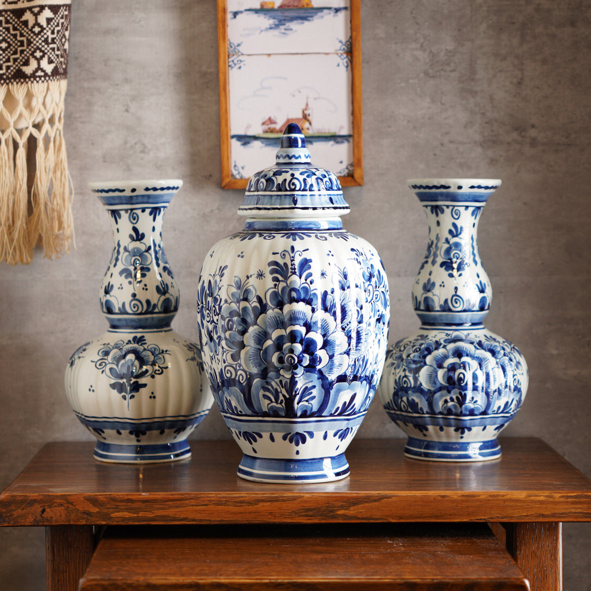 1940荷蘭Delft Blue風格半手繪壁爐花瓶三件組
