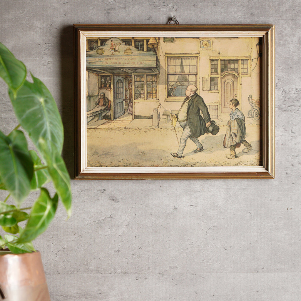 1960荷蘭Anton Pieck"老城區的鵝"印刷掛畫