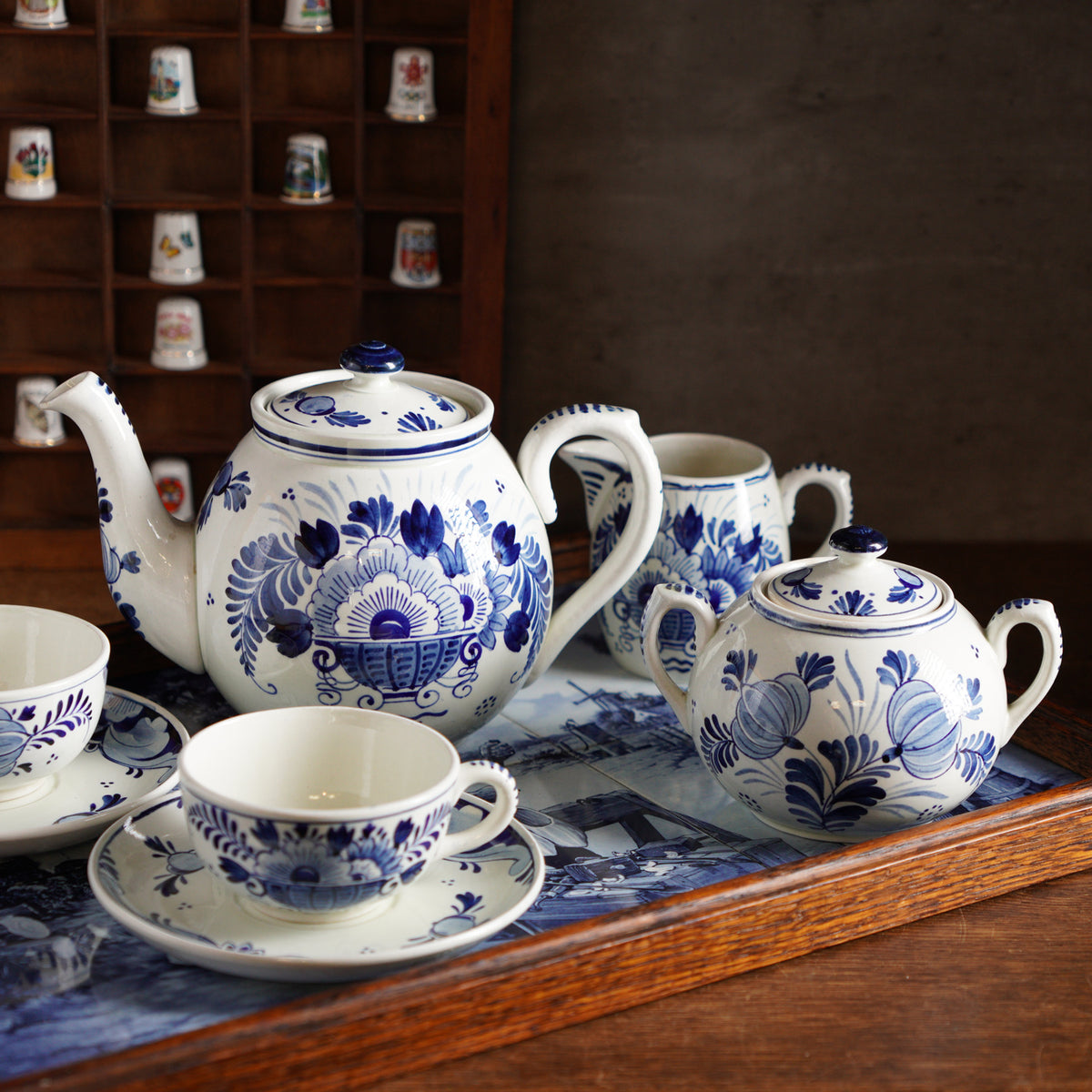 荷蘭Delft Blue風格手繪鬱金香雙人古董茶具組