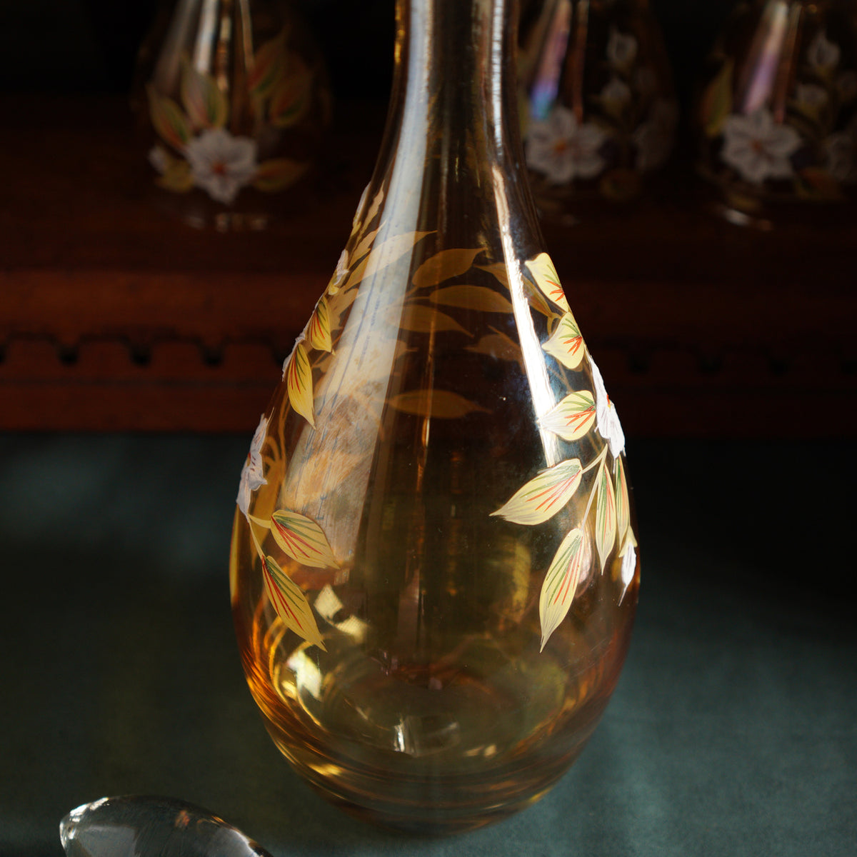 1960捷克手繪花朵酒壺+酒杯套組