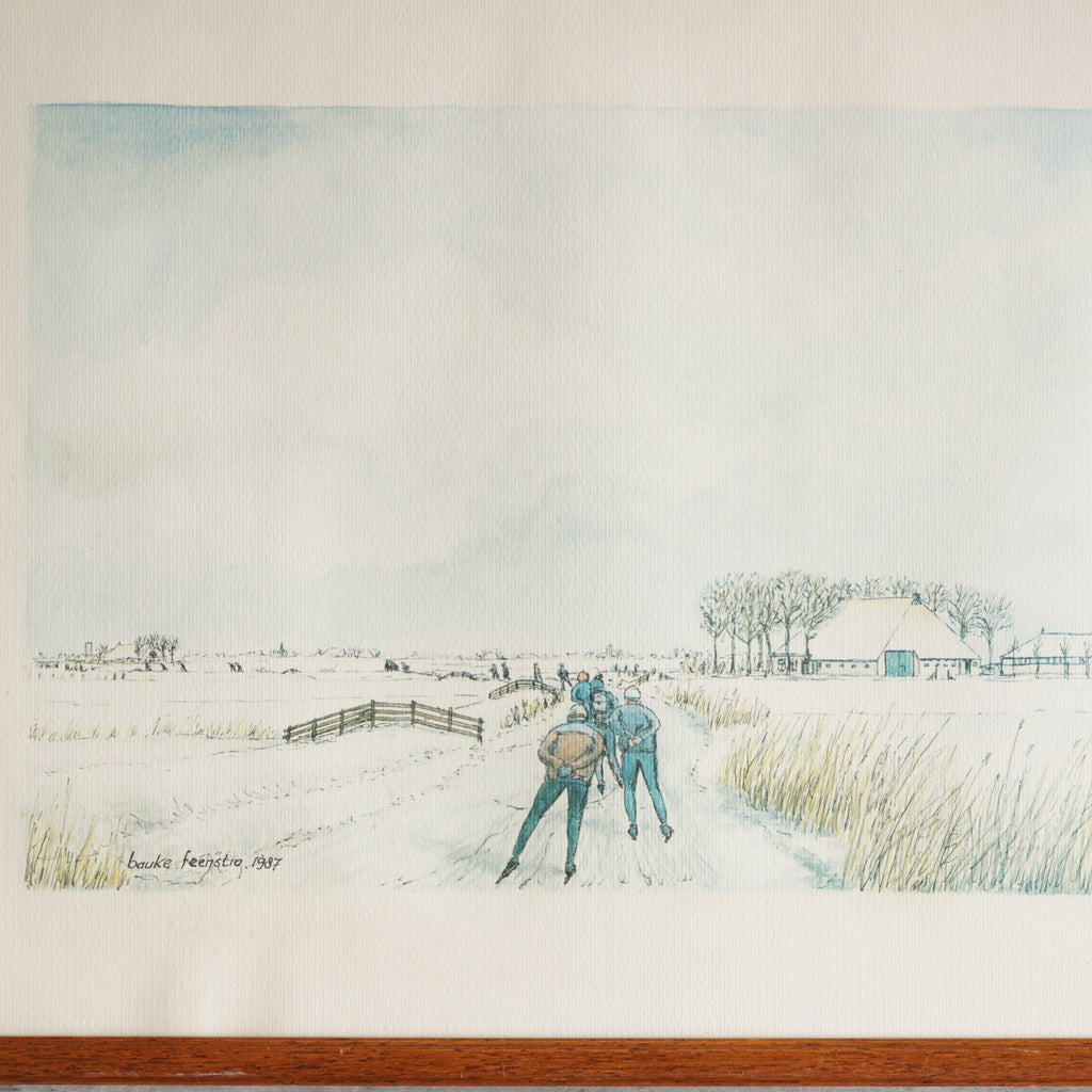 1987荷蘭Bauke Feenstra落款鄉村滑冰水彩畫