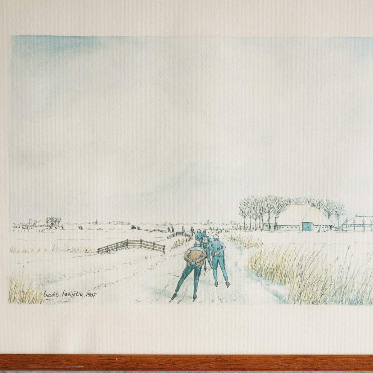 1987荷蘭Bauke Feenstra落款鄉村滑冰水彩畫